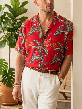 VTG Paradise Found Hawaiian Shirt 2XL Red Parrot Jungle Print Aloha Magnum PI